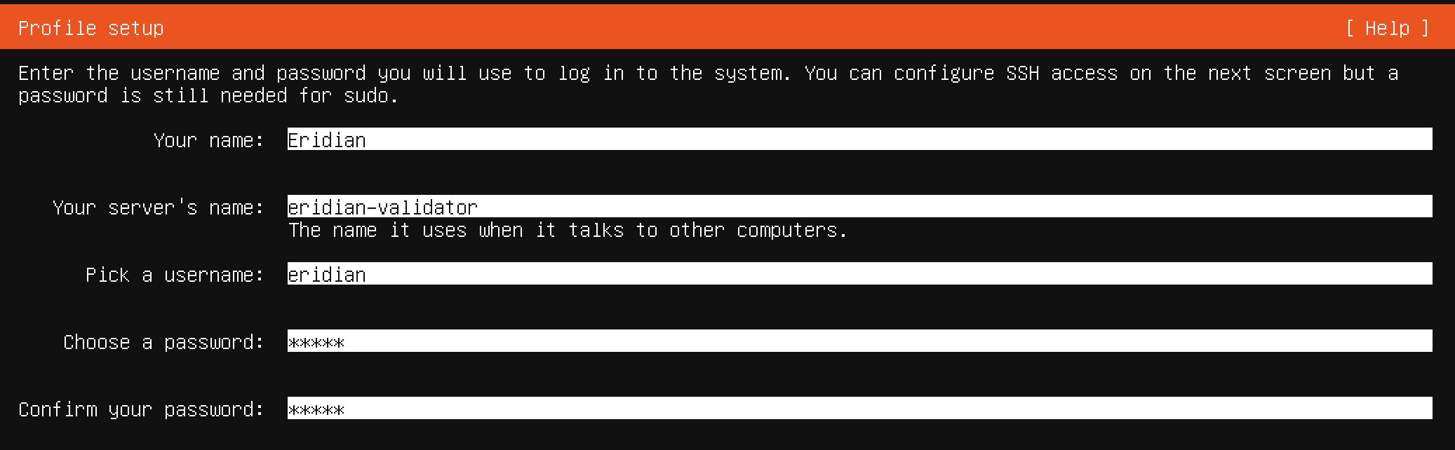 Linux installation user creation screen